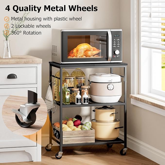 Homleke 3-Tier Rolling Kitchen Microwave Cart, Utility Cart | with Lockable Wheels Coffee Bar Table Station with 6 Hooks, Small Appliance Storage Shelf, Black