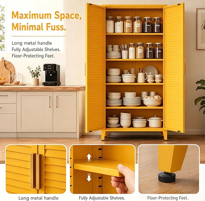 Yellow Metal Storage Cabinet, 4-Tier Tall Cabinet with Adjustable Shelves and Hanging Rod, Louvered Door Freestanding Lockers for Home, Living Room, Kitchen, Bedroom,garage 61" H X 27.6" W X 13.8" D
