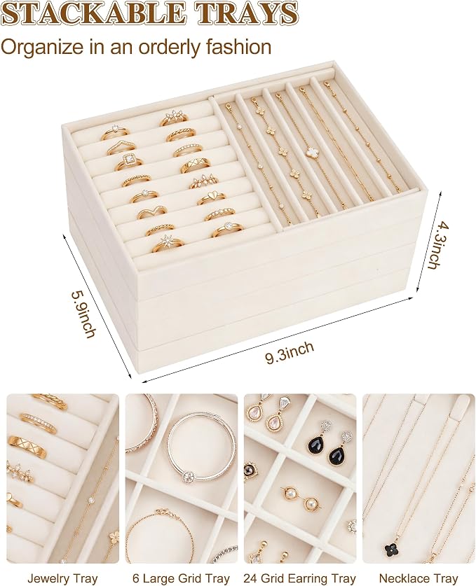 Velvet Jewelry Drawer Organizer Trays Set - 4-Layer Stackable Jewelry Storage Inserts for Earrings, Rings, Necklaces, Bracelets, Removable Dividers Display Case, Dresser Vanity, Gift for Women