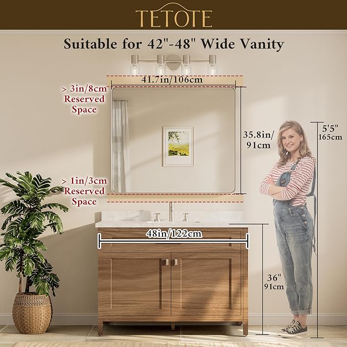 TETOTE 42 x 36 Inch Gold Mirror for Bathroom, Brushed Metal Frame Vanity Mirror, Brass Gold Rectangle Modern Decorative Wall Mirrors for Entryway Shatterproof (Horizontal/Vertical)