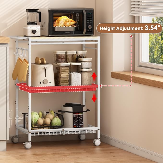 Microwave Kitchen Cart, White Kitchen Shelf with Push Handle, 3 Tier Rolling Microwave Table Stand with 2 Lockable Wheels for Bakers Rack, Kitchen Island, Small Coffee Station