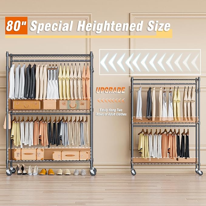 Homdox Heavy Duty Rolling Clothing Rack, Adjustable Garment Rack with 3 Tier Storage Shelves, Freestanding Closet Wardrobe for Hanging Clothes with Side Hooks, Gray