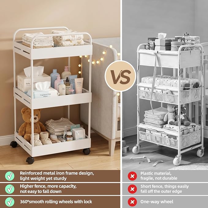 3 Tier Expandable Rolling Storage Cart, Rolling Utility Cart with Wheels | Expandable Adjustable Width, Sturdy Metal Frame, Silent 360° Wheels, Storage for Bathroom, Kitchen, Laundry & Living room