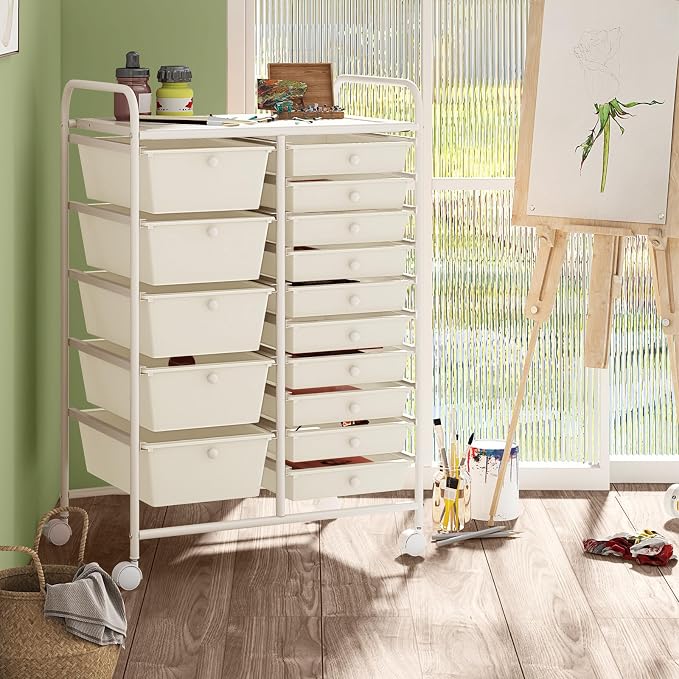 HAPPYGRILL 15-Drawer Rolling Cart, Storage Carts with Removable Drawers & Steel Frame, Utility Cart on Lockable Wheels for Home, School, Office (Ivory)