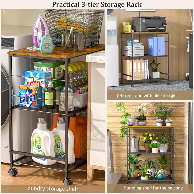 ThreeHio Rolling Kitchen Microwave Cart, 3 Tier Microwave Table Stand with Storage, Kitchen Utility Cart on Lockable Wheels, Small Coffee Cart Shelf Rack Organizer for Living Room Office, Balcony