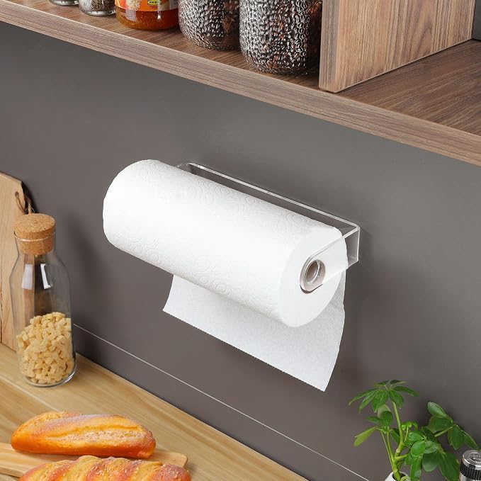 ZUNTO Acrylic Paper Towel Holder - Adhesive Paper Towel Roll Holder Under Cabinet, Clear Plastic Wall Mounted Paper Towel Rack for Kitchen, Frees up Counter Space | Clear Plastic Wall Mounted, Rustproof, No Drilling, Vertical or Horizontal , Kitchen Ro...