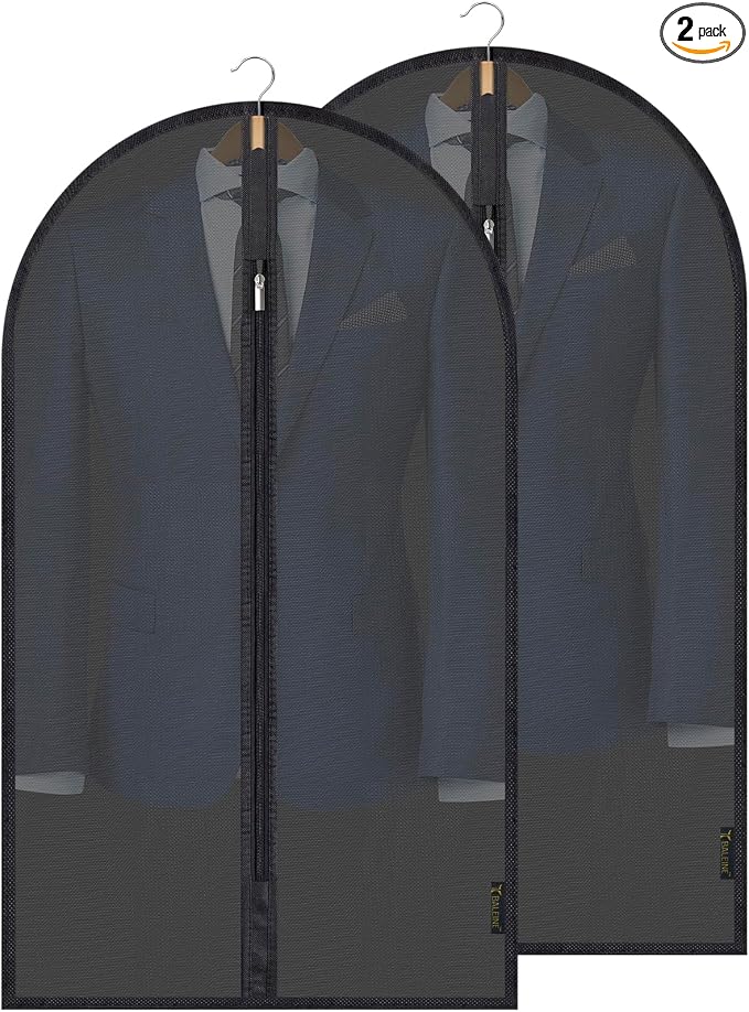 BALEINE 40'' Translucent Garment Bags, 2 Packs PEVA Dress Bag for Closet Clothes Dresses Suit Coats Storage (Black, 2PK)