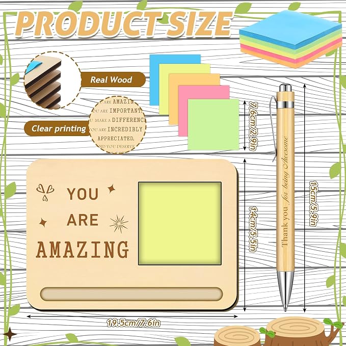 Kosiz 10 Set Back to School Teacher Gifts Bulk Wooden Motivational Sticky Note Holder with Notes and Ballpoint Pens Thank You Appreciation Gifts for Teacher Back to School Party Supplies