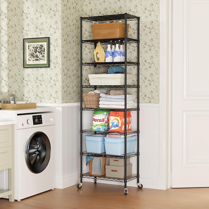 SINGAYE 8 Shelves Storage Wire Shelf Closet Metal Shelving Pantry Wheels | Shelf Bathroom Organizers Metal Kitchen Garage Shelving Unit Laundry Room Organization Home Rack Net Basket with Wheels