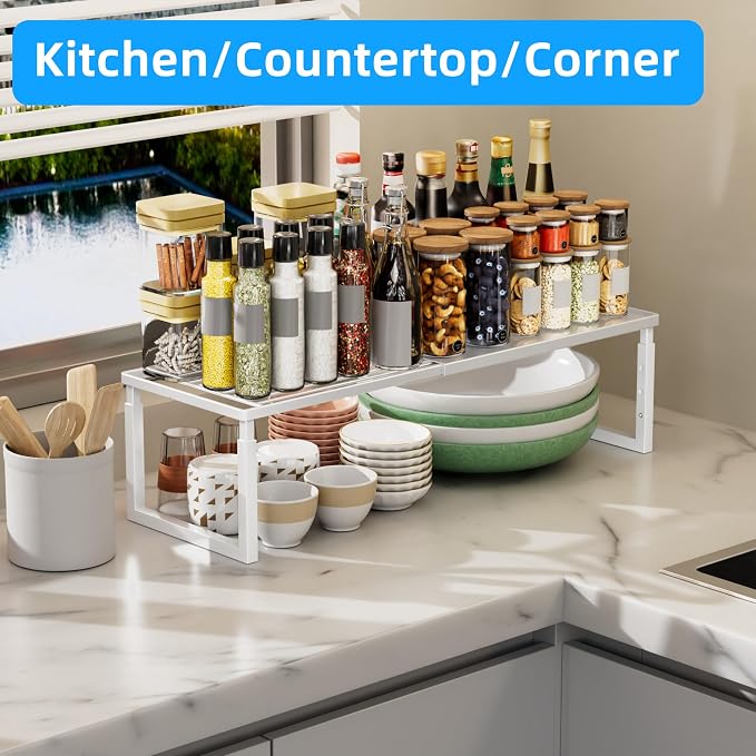 Cabinet Shelf, 1 Pack Stackable Shelf for Kitchen Storage | Expandable & Height Adjustable Cabinet Organizer Shelf | Metal Shelf Organizer | White Spice Rack for Pantry Storage