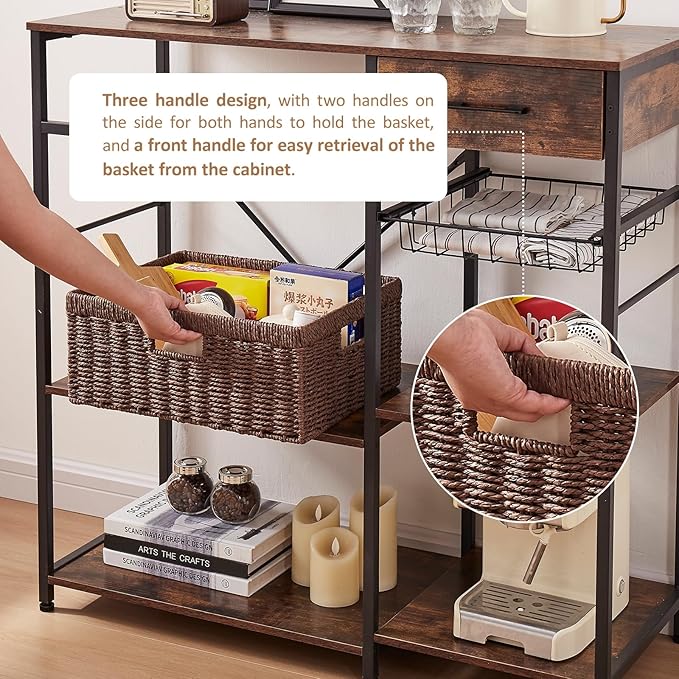 OIAHOMY Wicker Storage Basket, Rectangular Paper Rope Shelf Baskets with Built-in Handles, Woven Decorative Organizer for Pantry, Shelves, Living Room and Bathroom, 1-Pack Brown