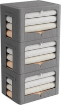 FHSQX 3 Pack Clothes Storage Bins with Metal Frame | Dark Gray, 15.7x11.8x11.8inch (36L) ,Foldable, Stackable Linen Fabric, Carrying Handles, Clear Window