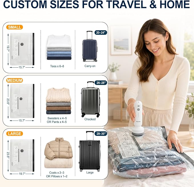 Travel Vacuum Storage Bags with Electric Pump, Airtight Space Saver Vacuum Seal Bags for Clothes and Luggage Packing, Small Medium Large Compression Bags for Blankets, 12 Pack