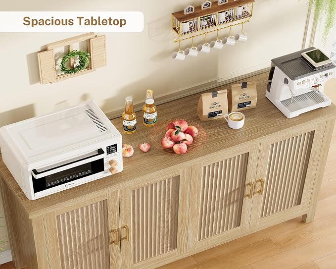 usikey 63" Buffet Cabinet with Storage, Fluted Sideboard Cabinet with 4 Adjustable Shelves, Modern Coffee Bar with 4 Doors, Coffee Bar Cabinet for Kitchen, Living Room, Natural