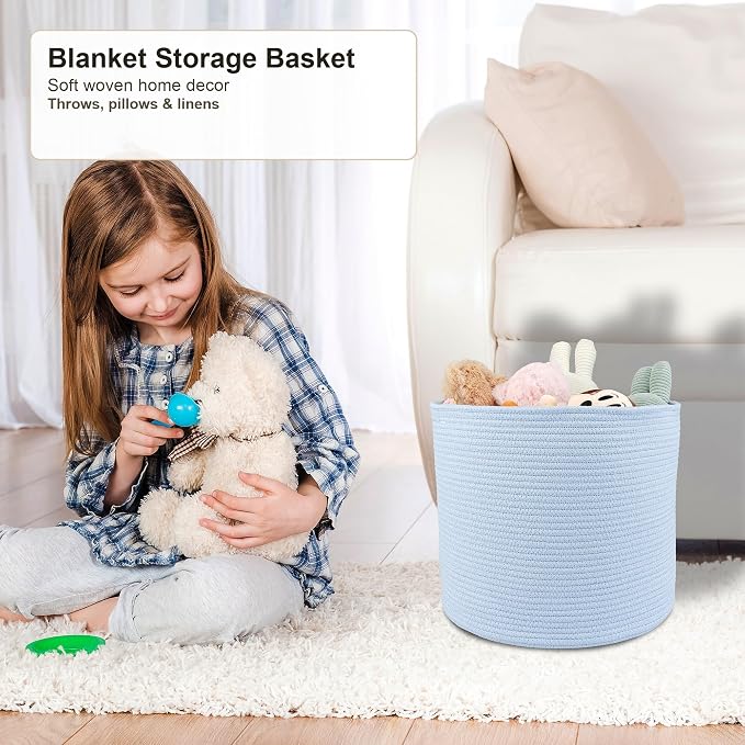 XUANGUO Cotton Rope Woven Basket, 16x14 in Kids Laundry Basket, blue | Round blanket basket and small laundry basket; baby hamper or nursery storage bin for girls, boys, toys, clothes and shoes