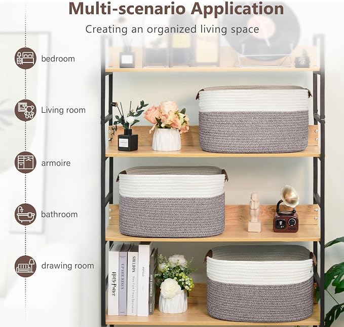 ECDYQXVU 15x10x9 Woven Cotton Rope Storage Basket, Leather Handles 1 Pack | Foldable Design, Sturdy PU Handles, Easy to Clean Organizer for Living Room, Closet, Shelves, Bedroom, Laundry, Clothes