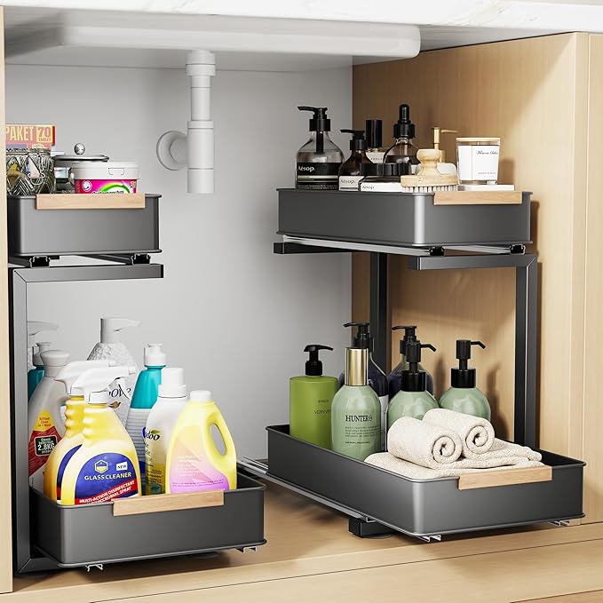 AndUp Under Sink Organizer, 2 Tiers Pull Out Bathroom Organizers and Storage, Slide Out Cabinet Organizer Shelf for Kitchen Bathroom, Multi-Purpose Collection Organizer Drawer Shelf (Gray, 2pcs)