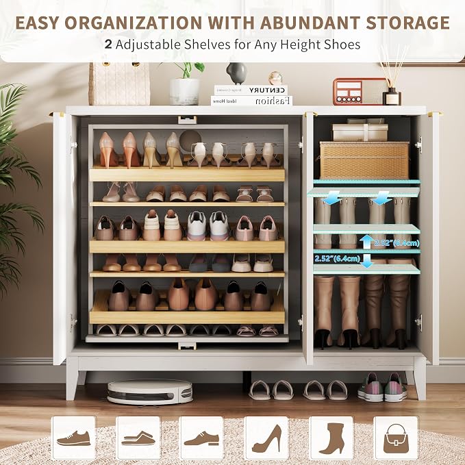 Vlsrka Shoe Storage Cabinet with Fluted Doors and Adjustable Shelves | 6 Tier Wooden Shoe Organizer, Large Capacity, Human Sensor Lighting, 180° Rotating, for Entryway, Hallway, Living Room, White