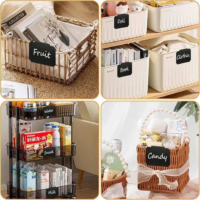 Basket Labels Clip On Set:16 Pcs Plastic Removable Labels with 1 Pcs White Chalk Marker for Storage Bins,Kitchen Pantry,Fabri Box,Hanging Bin