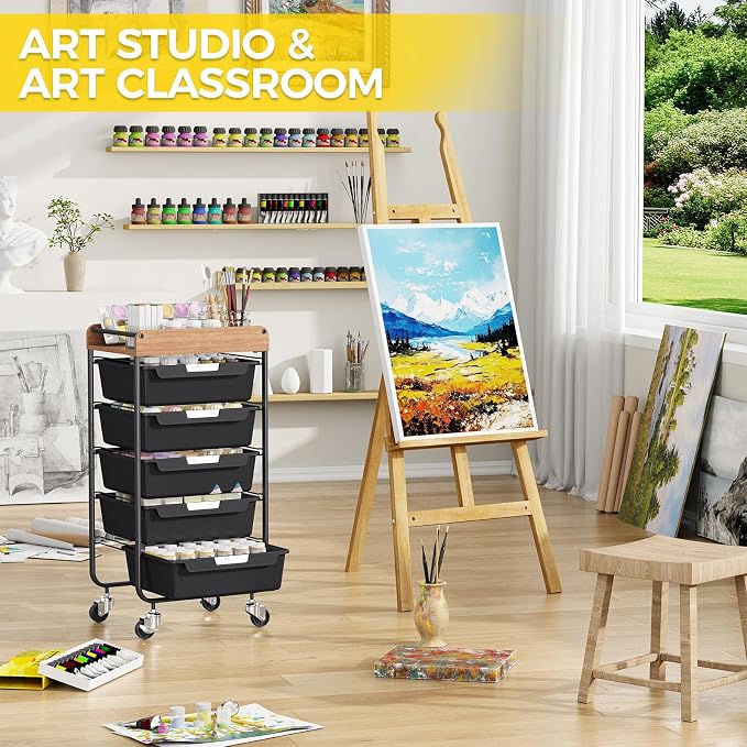 SYKIARIOL Utility Cart with 5 Labeling Drawers and Wooden Tabletop – Rolling Storage Cart for Crafters, Artists, Kids, Teachers, and Students – Organize Arts, Crafts, Sewing & Study Supplies