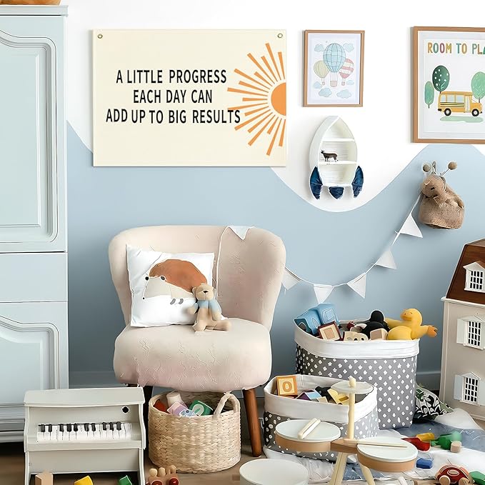 Classroom Wall Flag Decor-Teacher Gift-Inspirational Back to School Wall Banner Decor-A Little Progress Each-Hanging Rectangular Canvas Banner for Classroom Teacher Office Reading Corner-28.5x20 In
