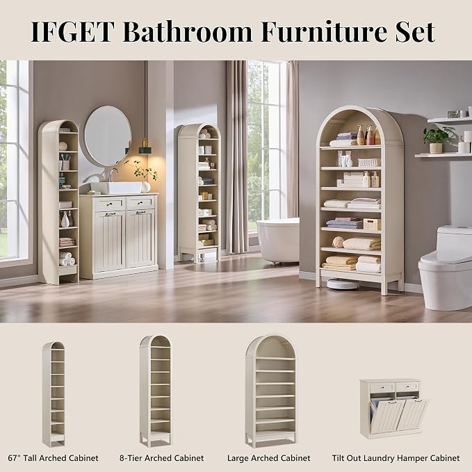 IFGET 67" Tall Arched Shoe Storage Cabinet, 8 Tiers 8 Pairs Wooden Shoe Rack with 3 Adjustable Shelves, Freestanding Shoe Closet Shelf Organizer for Entryway, Hallway, Living Room (Cream)