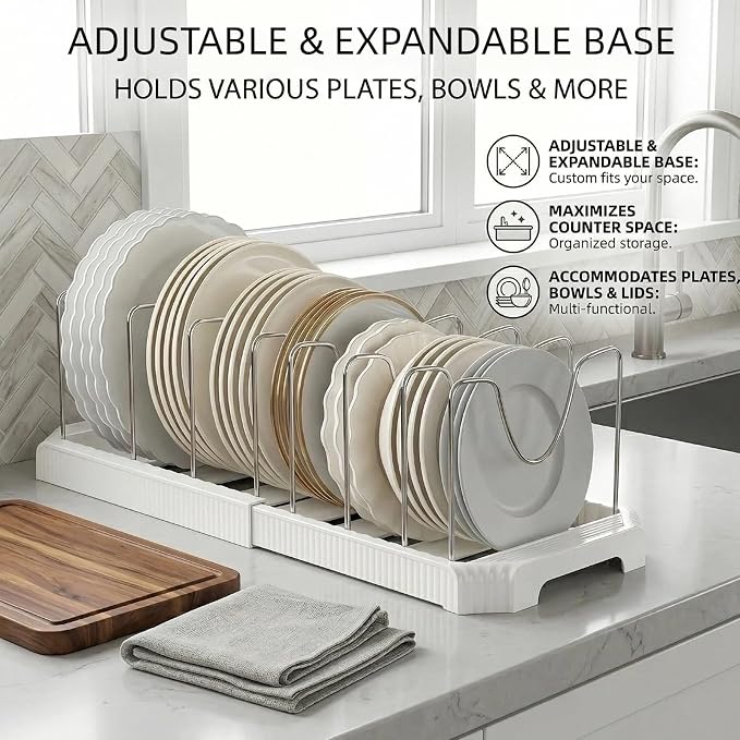 Expandable Pot and Pan Organizer for Under Cabinet, 12.9-22 Inch Adjustable Lid Kitchen Cabinet Organizer Holder with 7 Stainless Dividers, Cabinet Storage Holder for Lids Bakeware Cutting Boards