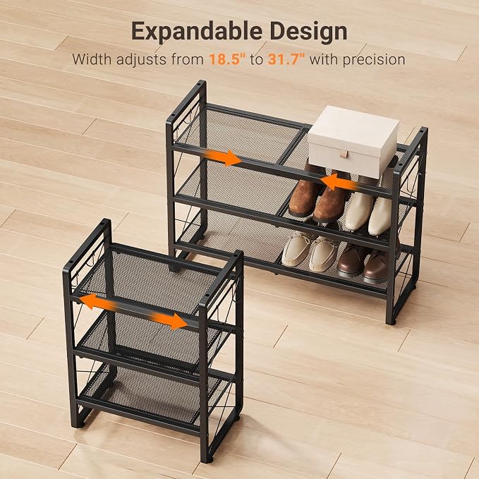 ELYKEN Shoe Rack, 3-Tier Expandable Shoe Organizer for Closet, Metal Black Shoe Shelf with 4 Hooks, Adjustable Shoe Stand Holder for Entryway, Garage, Door Entrance