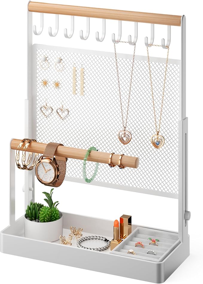 Jewelry Organizer Stand with Velvet Ring Holder, Liftable Necklace Holder with Earring Organizer Net, 9 Hooks Necklaces Storage Wooden Handing Bar for Bracelets Watches Rings (White)