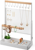 Jewelry Organizer Stand with Velvet Ring Holder, Liftable Necklace Holder with Earring Organizer Net, 9 Hooks Necklaces Storage Wooden Handing Bar for Bracelets Watches Rings (White)