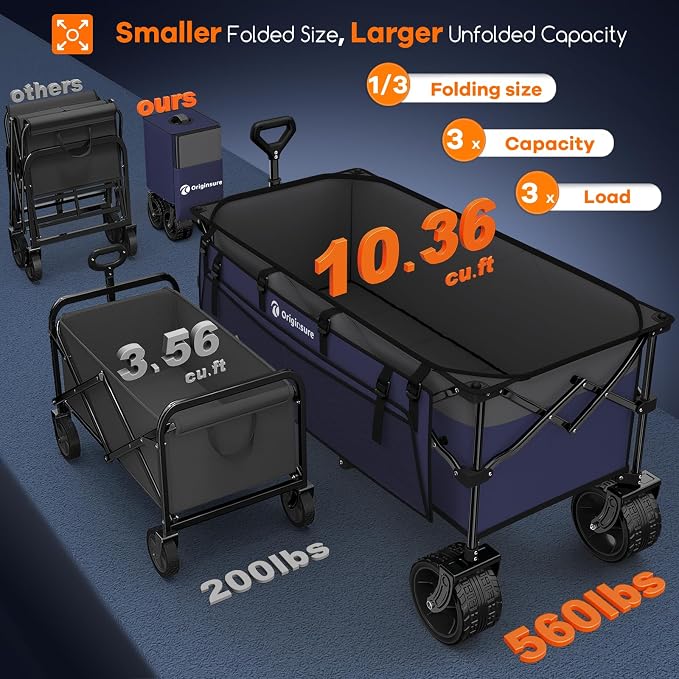 Originsure 48" L Collapsible Wagon Cart Foldable, 560lbs Weight Capacity 300L Heavy Duty Folding Beach Wagons with Big All-Terrain Wheels, Utility Carts for Groceries, Camping, Sports - Grey&Purple