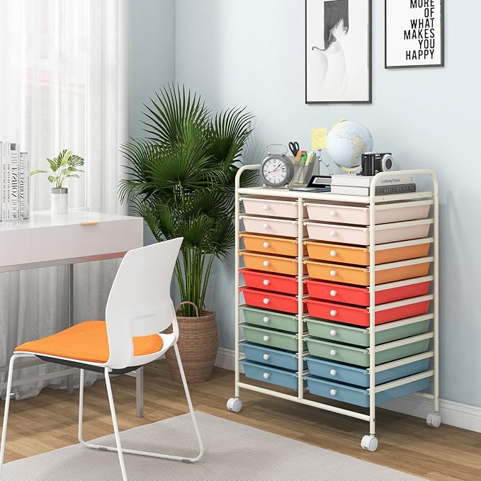 DREAMADE Rolling Cart With Storage Drawers, Utility Cart With Removable Plastic Drawers, Lockable Wheels for Classroom Organization, Art Supplies, Office, Scrapbook (20 Drawers, Macaron)