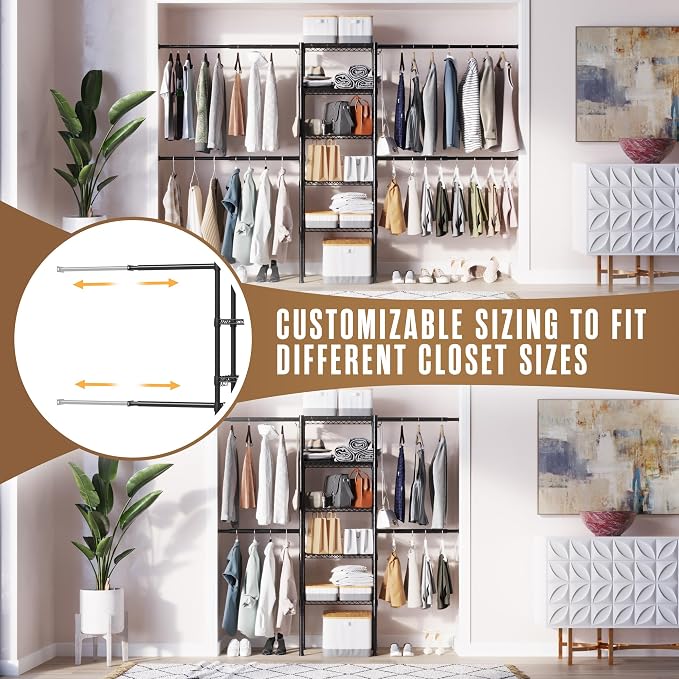 Wall Mounted Closet Organizer, Industrial Pipe Clothing Rack 83" x 50" | Houseables Garment Hanging Storage System Heavy Duty Open Wardrobe For Bedroom Boutique Retail Display 2 Rods, 2 Wood Shelves