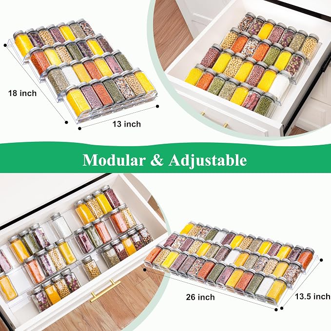 Imncya 8 Pack Clear Spice Drawer Organizer, 4-Tier Expandable Acrylic Spice Rack (13"-26"), Kitchen Seasoning Storage Racks for Drawers and Countertop (Jars Not Included)