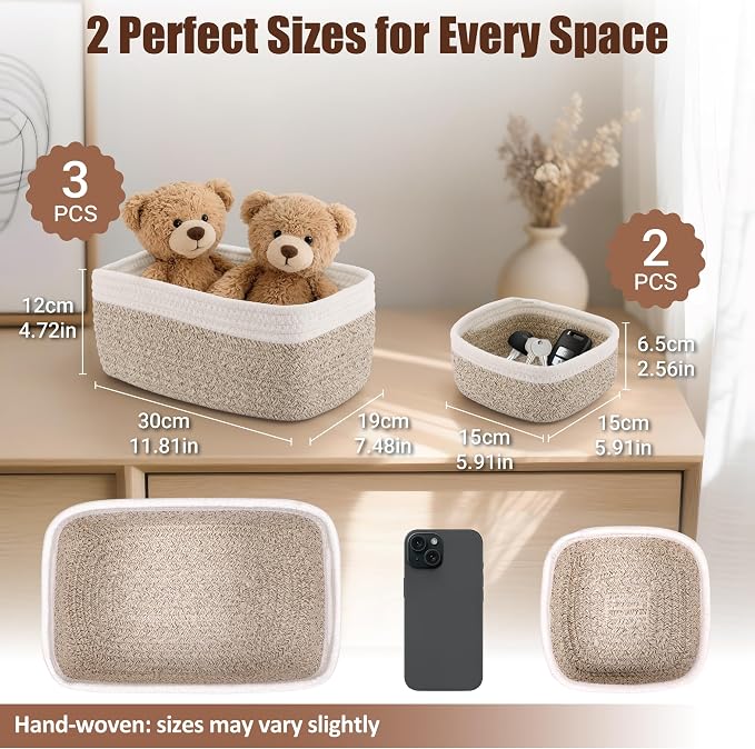 5-Pack Small Woven Rope Storage Baskets, 2 Sizes Organizer Bins | Fabric Cube Boxes and Rectangular Shallow Bins for Closet, Shelf, Bookshelf, Nursery, Changing Table, Bathroom, Toys & Home