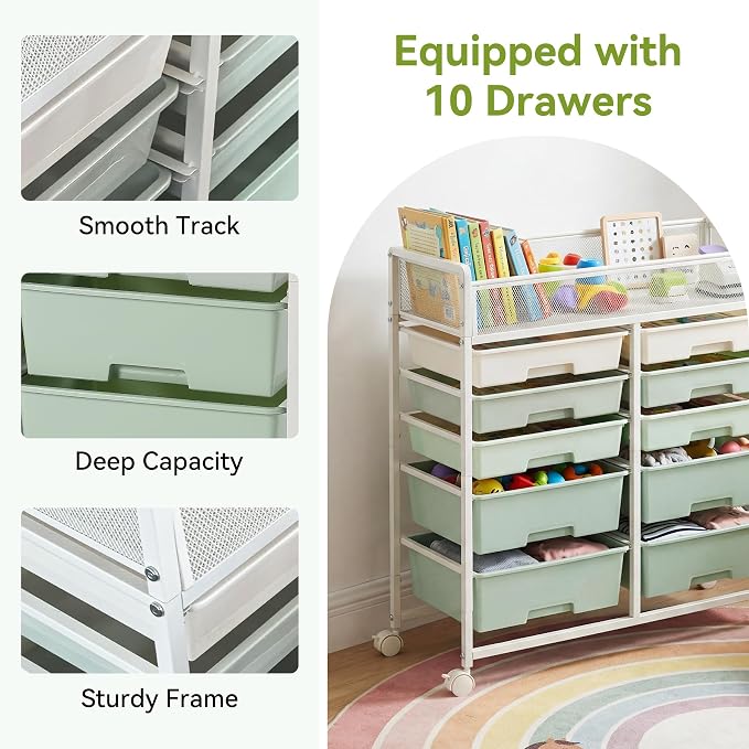 Rolling Craft Cart with Wheels and 10 Drawers, Art Cart Organizer and Storage, Rolling Storage Cart for Organizing Crafts, Yarn, Toys, School Supplies, etc