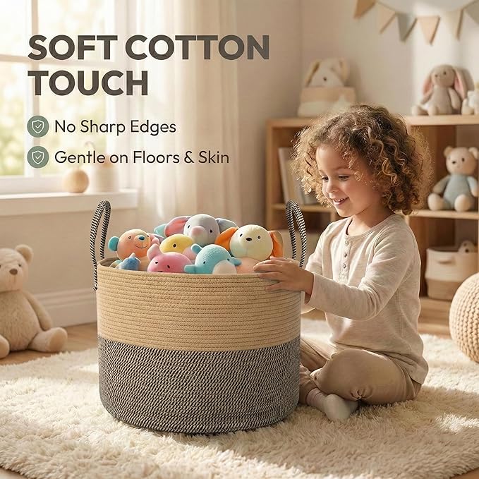 JMvicyroam 65L Extra Large Machine Washable Cotton Rope Blanket Basket | Collapsible laundry hamper, Reinforced handles, For blankets, pillows, toys and clothes, Living room and bedroom, Jute&Black