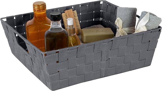Simplify Large Shelf Woven Strap Tote | Decorative Storage Basket | Built in Handles | Organization | Closet | Bedroom | Bathroom | Nursery | Accessories | Toys | Gifts | 2 Pack | Grey