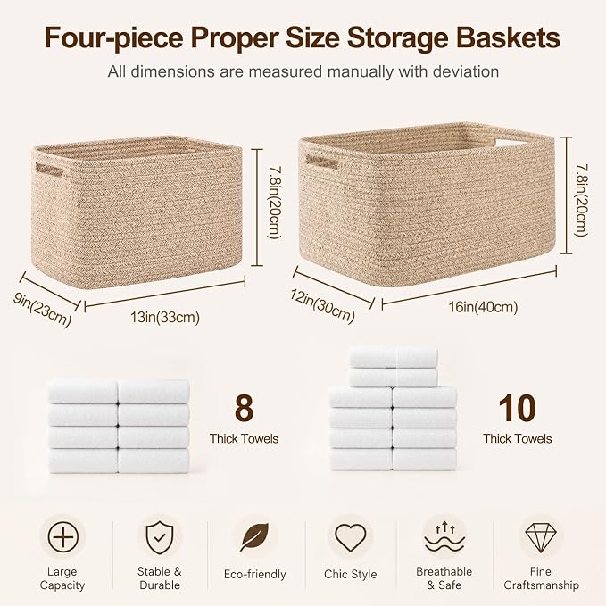 OIAHOMY 4 Pack Storage Baskets for Organizing, Cube Storage Bins for Shelves, Rectangle Storage Baskets With Handles, Woven Baskets for Storage, 16''Lx12''Wx8''H, Black