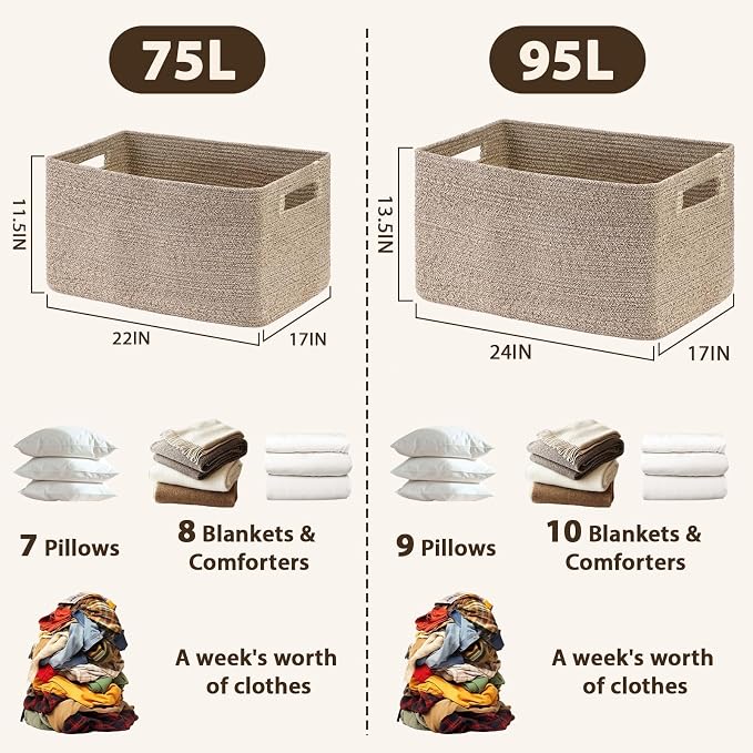 Optish 95L Large Blanket Basket, Woven Rope Storage Basket with Handles for Organizing Clothes and Toys for Bedroom, Bathroom, Nursery, Decorative Storage Bin, 24” x 17” x 13.5”, Brown