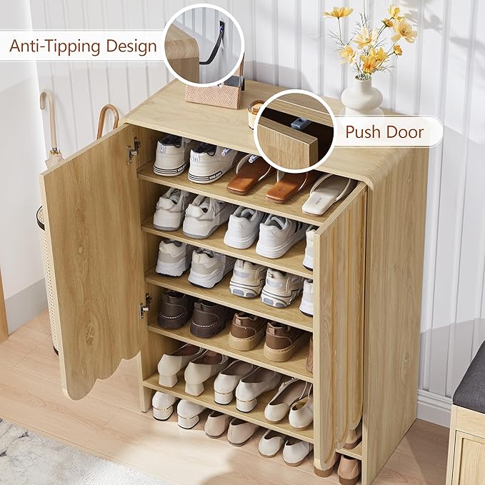 ORRD Shoe Storage Cabinet with Scalloped Doors, 5-Tier Wooden Shoe Cabinet with Adjustable Shelves, Shoes Rack Storage Organizer for Entryway, Hallway, Living Room, Natural