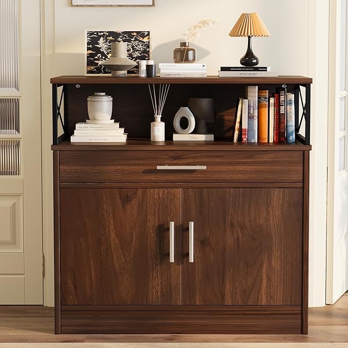 Meilocar Buffet Cabinet, Coffee Bar Cabinet, Wooden Kitchen Sideboard with Storage and Drawer, Farmhouse Storage Cabinet for Living Room, Dining Room, Dark Brown