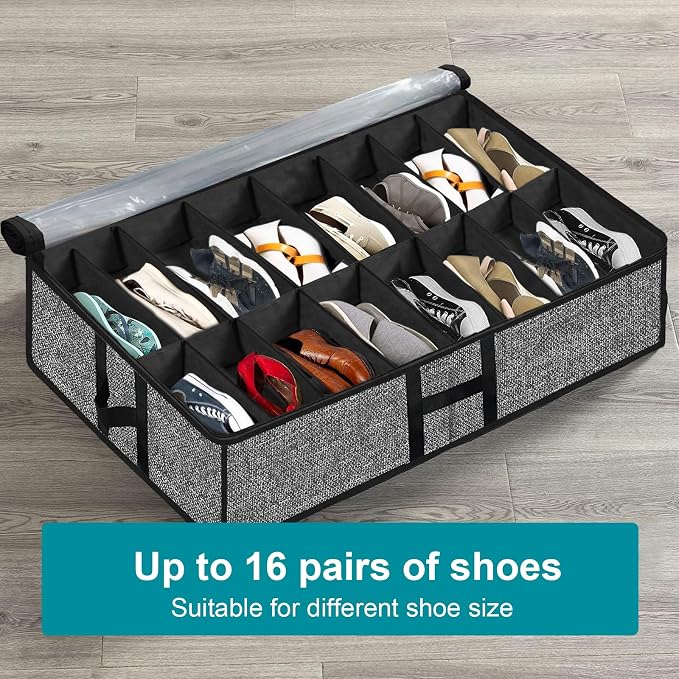 Under Bed Shoe Storage Organizer for Closet 2 Pack Fits 32 Pairs Underbed Shoes Container Boxes with Sturdy H-Handles, Foldable Shoe Rack Holder,Black