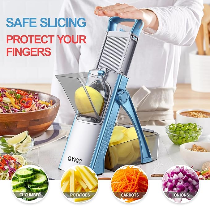 QYKIC Upgrade Safe Mandoline Slicer for Kitchen, Vegetable Chopper and Slicer, Potato Slicer Thickness Adjuster, French Fry Cutter, Veggie Onion Dicer Faster Kitchen Mandolin for Meal Prep
