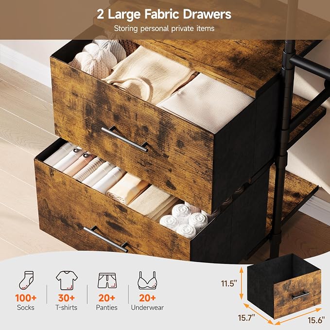 ONBRILL T3 Wall Mounted Industrial Pipe Closet Organizers Storage System | Metal Clothing Rack with 2 Drawers, 6 Wooden Shelves & 4 Expandable Rods, Heavy Duty Garment Rack, Wardrobe (Rustic Brown)