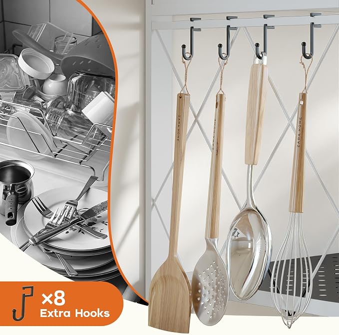 Fenbeli Foldable Shelves with Wheels - 5 Tier Folding Shelf, Collapsible No Assembly Metal Shelving Unit, Origami Storage Shelves & Rolling Storage Rack with 8 Hooks for Kitchen Pantry Garage