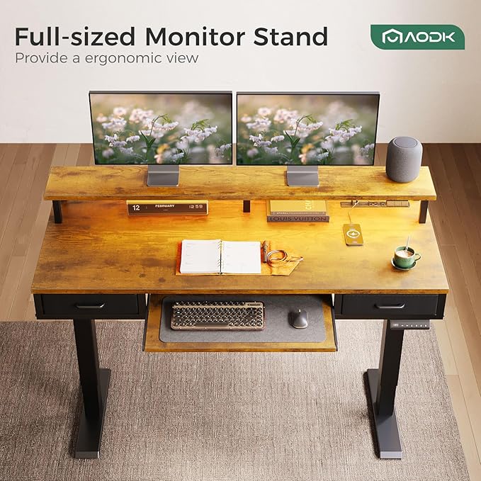 AODK 55 Inch Standing Desk with Drawers & Keyboard Tray, Rustic Brown | 3 Outlets & 2 USB Ports, 20-Mode LED Lights, Monitor Stand, Cable Management Tray, 3 Memory Heights, 29.9"-46.1" in Range