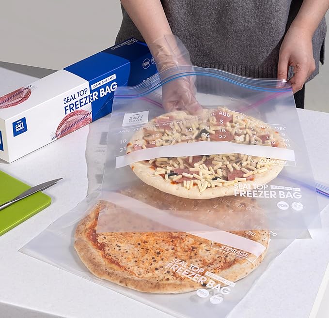 24/7 Bags- Gallon Freezer Bags, 120 Count with Stand Up Bottom and New Calendar Feature, Easy Fill
