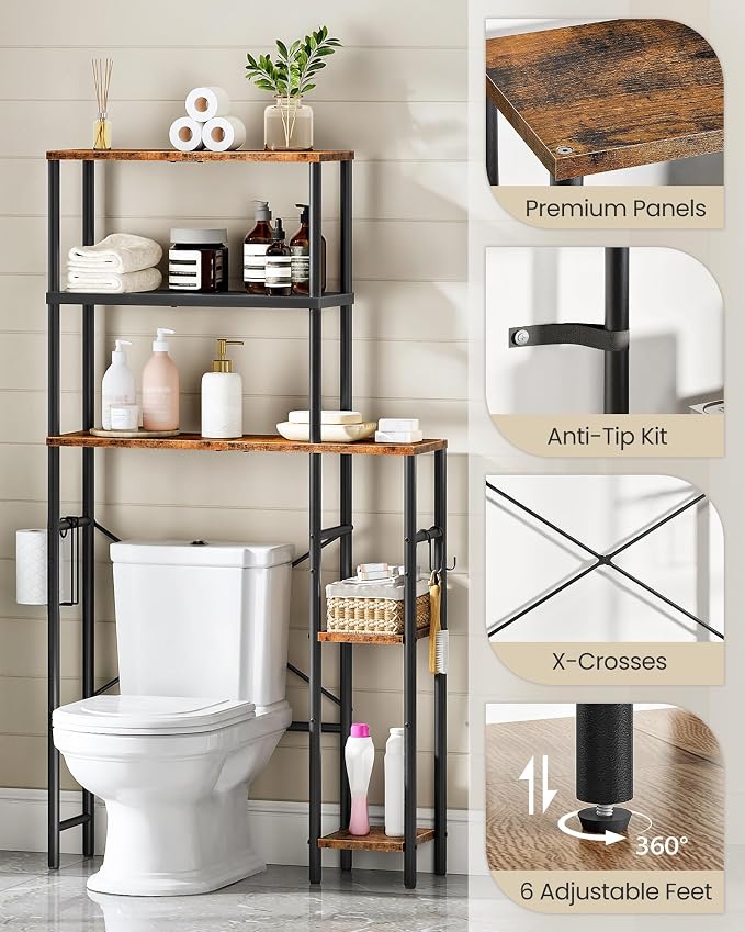 CHOEZON Over The Toilet Storage, 6-Tier Bathroom Organizer Shelf | Over Toilet Storage Cabinet with Toilet Paper Hook, Space Saving, for Bathroom, Laundry, Rustic Brown and Black TTS02BF