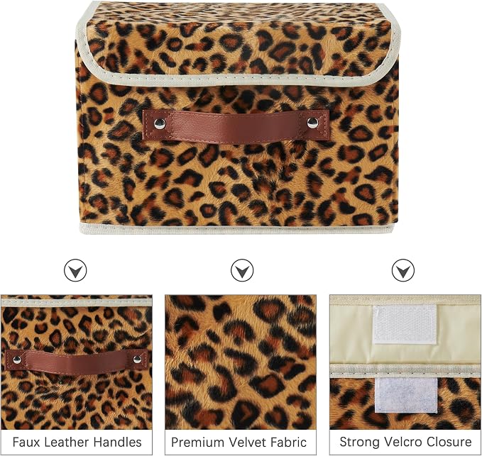 2PCS Storage Bins with Lids Decorative Leopard Print Box Basket | Velvet Fabric, Faux Leather Handles, Washable PP Board, Foldable Lidded Clothes Container, Shelf Closet Organizer, Small Size